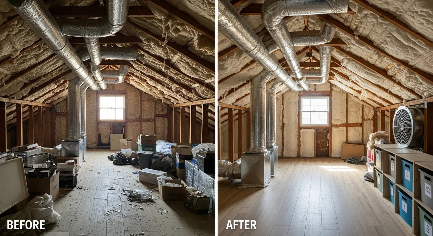 Beautifully clean and restored attic in a Los Angeles California home after professional cleaning
