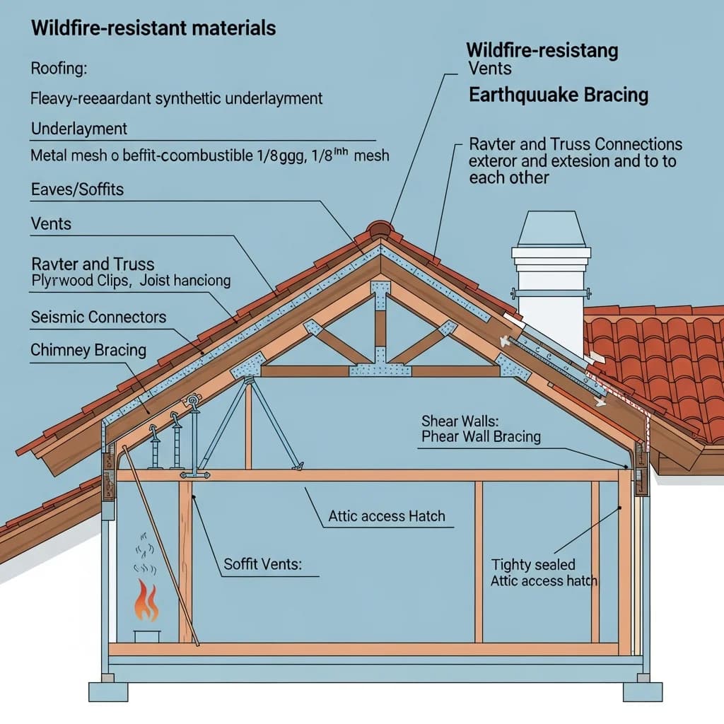 Cross-section diagram of California Spanish-style home attic showing ventilation, fire-resistant materials, and pest prevention