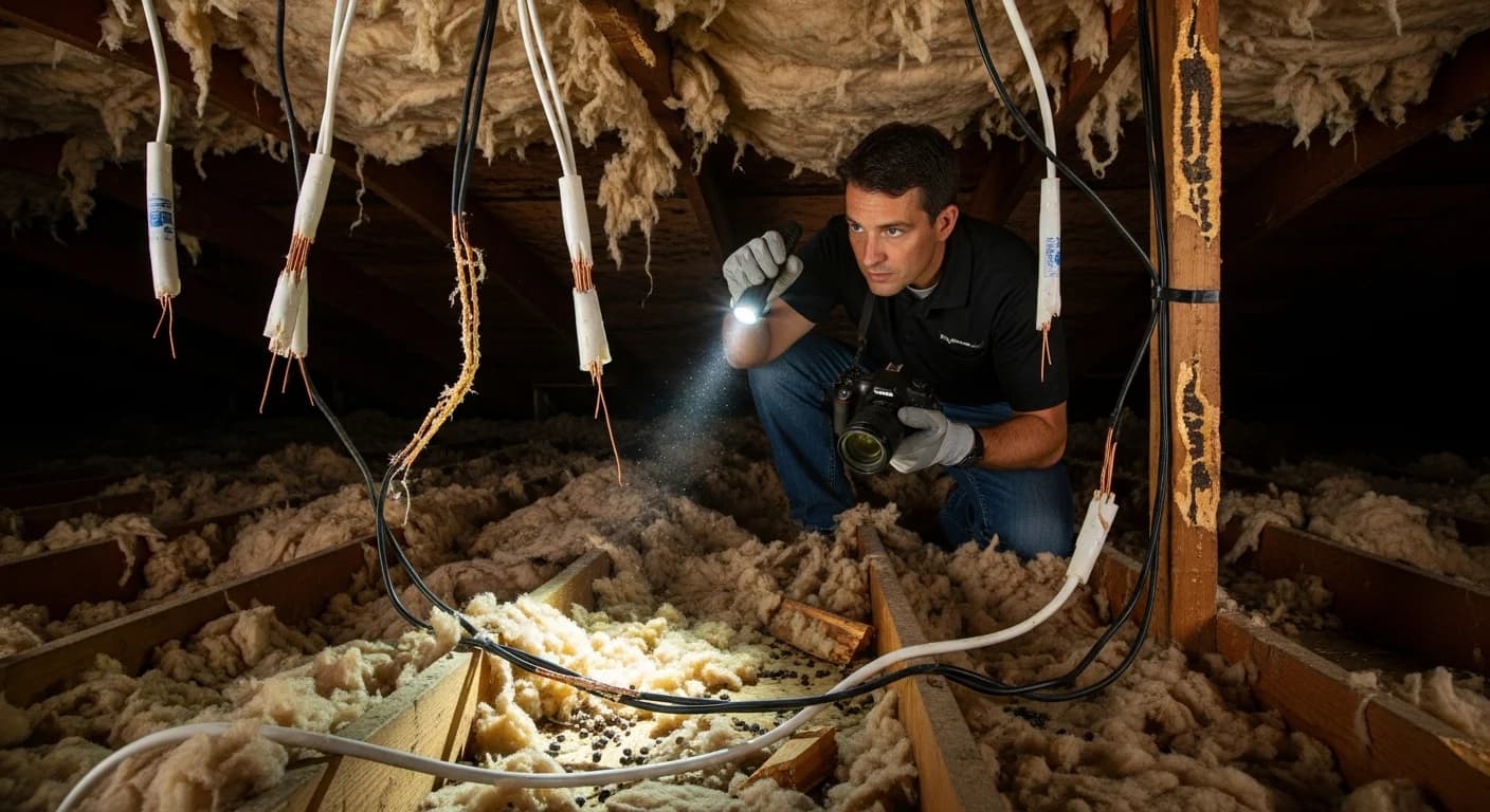 Attic space in Los Angeles home showing rodent damage to insulation and wiring