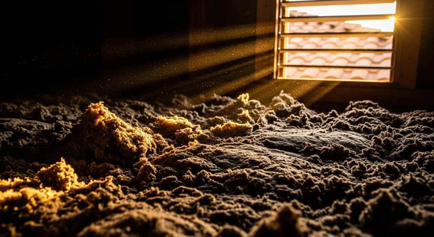 Degraded attic insulation in Phoenix Arizona home showing heat and UV damage