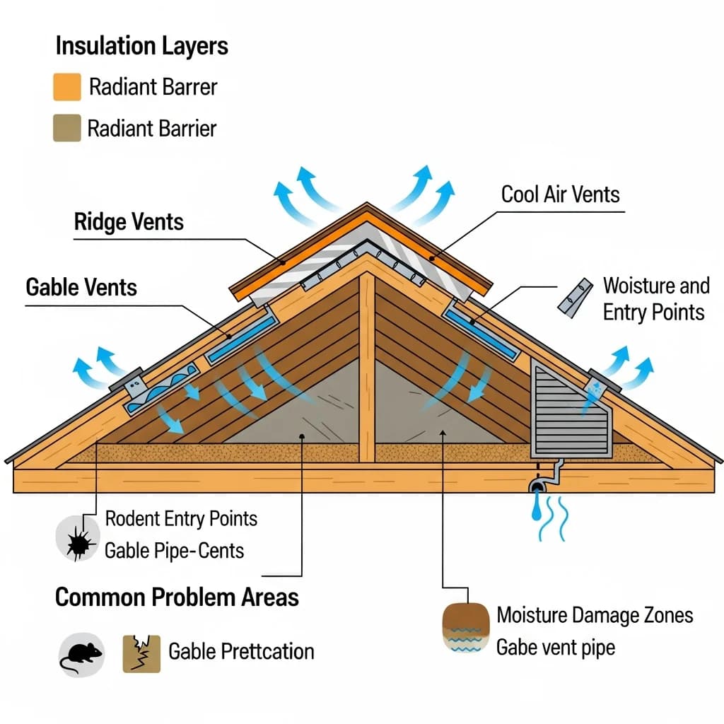Cross-section diagram of Phoenix Arizona residential attic showing insulation layers, radiant barrier, and common problem areas