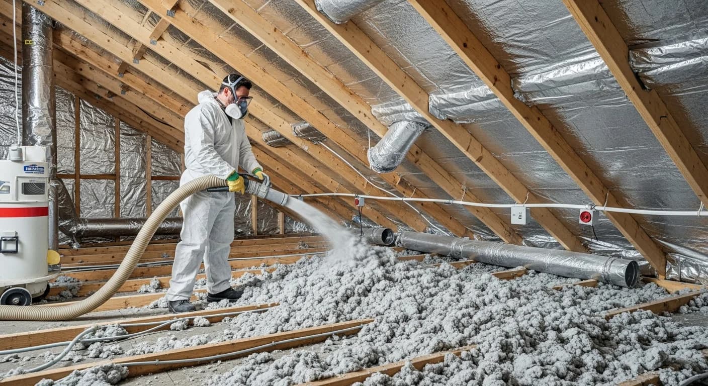 Professional installing fresh blown-in insulation in a clean Phoenix Arizona attic with radiant barrier