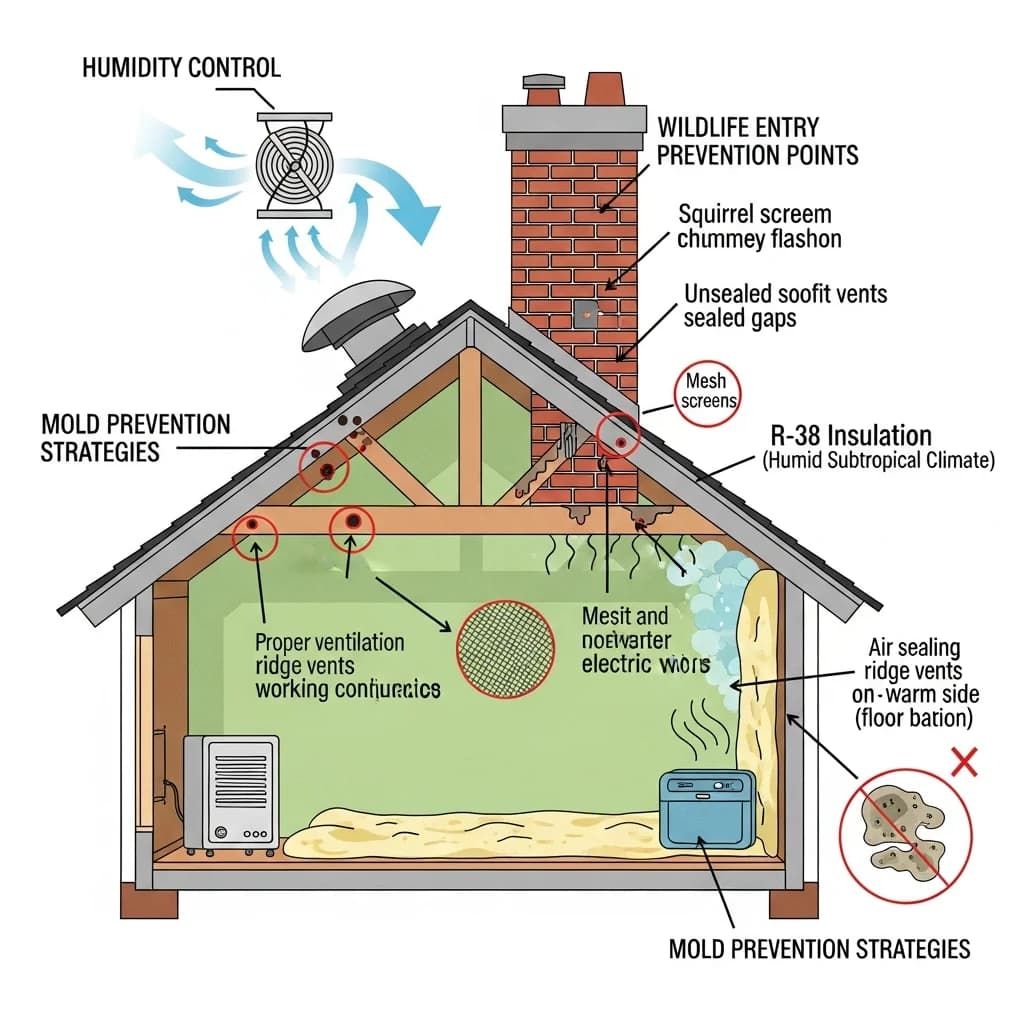 Cross-section diagram of Atlanta Georgia residential attic showing humidity control, wildlife entry points, and mold prevention