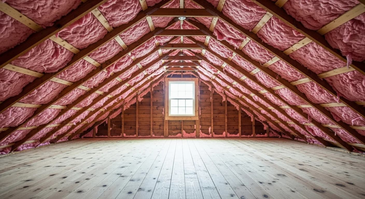 Restored attic in Atlanta Georgia home with fresh fiberglass insulation and sealed entry points