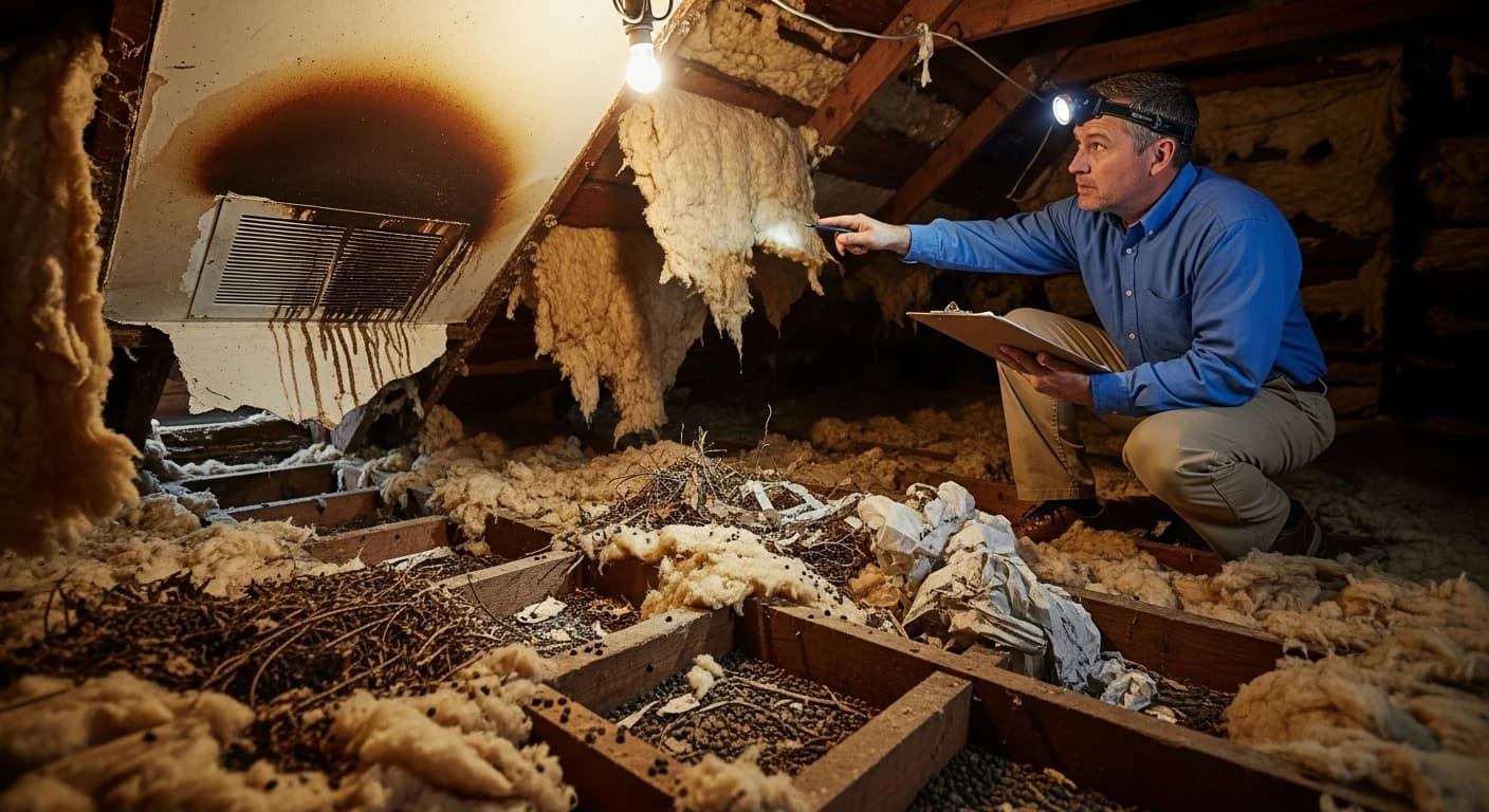 Attic space in Atlanta Georgia home showing squirrel and raccoon damage with torn insulation