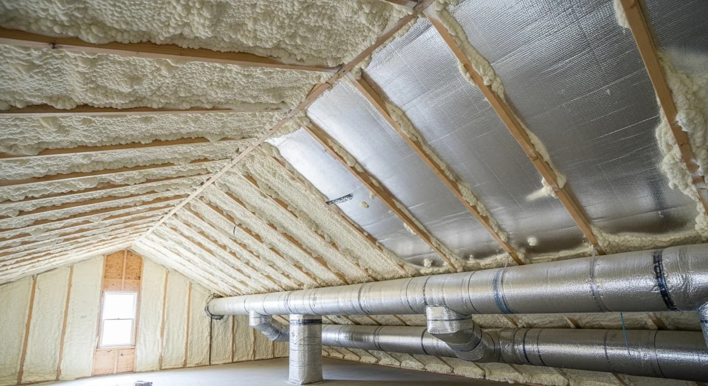 Completed attic energy upgrade in a Dallas Texas home with spray foam insulation and sealed ductwork