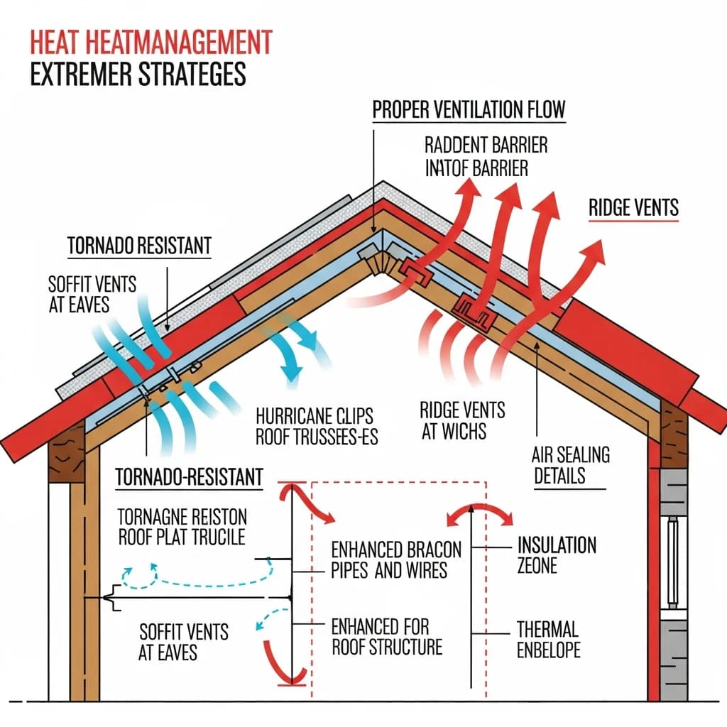 Cross-section diagram of Dallas Texas ranch-style home attic showing heat management, radiant barriers, and ventilation flow