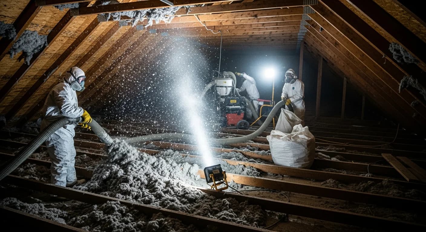 Workers removing old blown-in insulation from a Dallas Texas ranch-style home attic