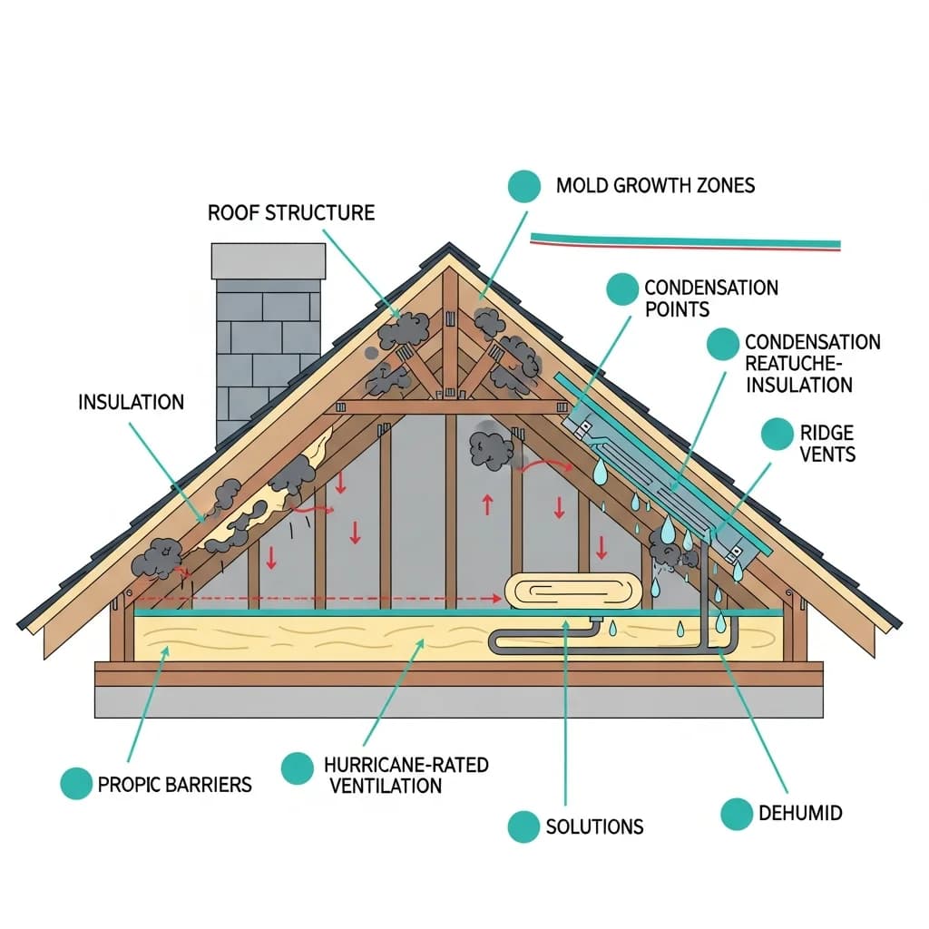 Cross-section diagram of Houston Texas residential attic showing moisture problems, mold zones, and proper ventilation