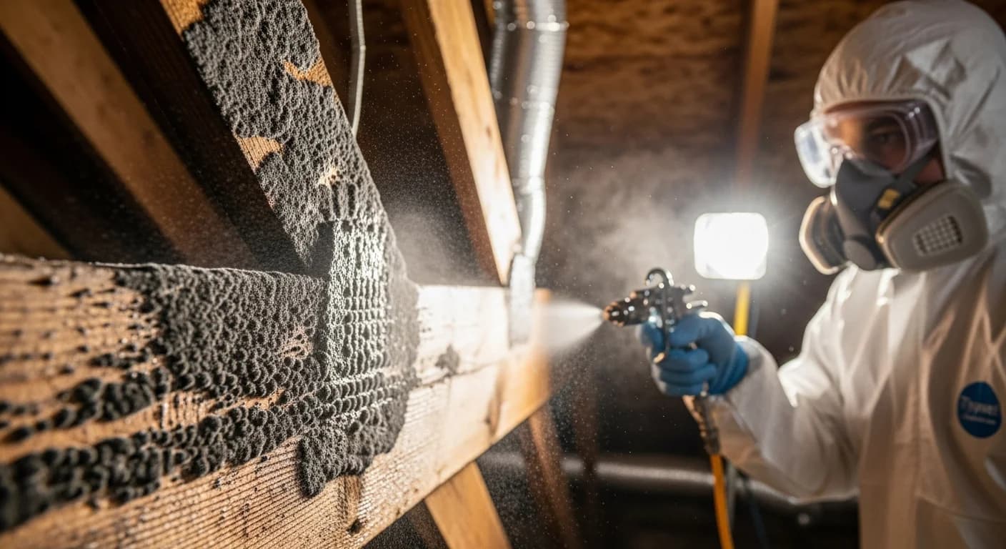 Professional technician treating mold on attic rafters in Houston Texas home