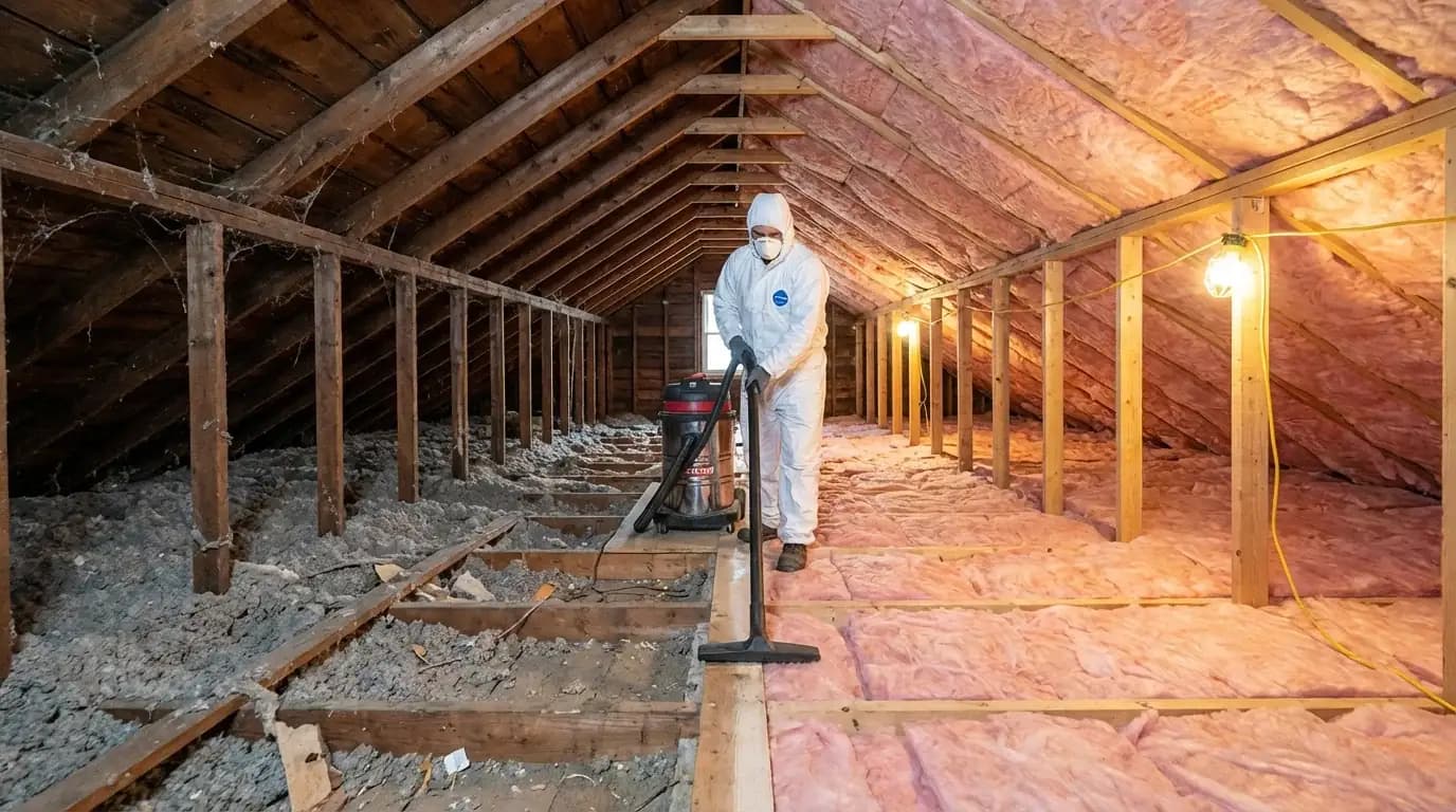 Professional attic cleaning technician in protective gear vacuuming old insulation and installing fresh fiberglass insulation in residential attic